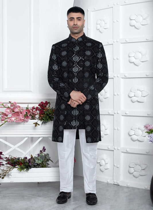 Machine Embroidery Silk, Velvet Black Sherwani - M8255