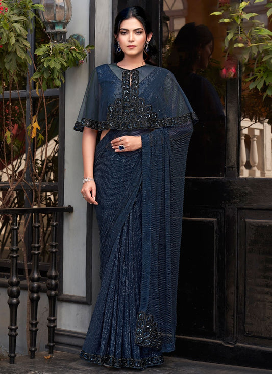 Beads Velvet Navy Blue Saree S14069