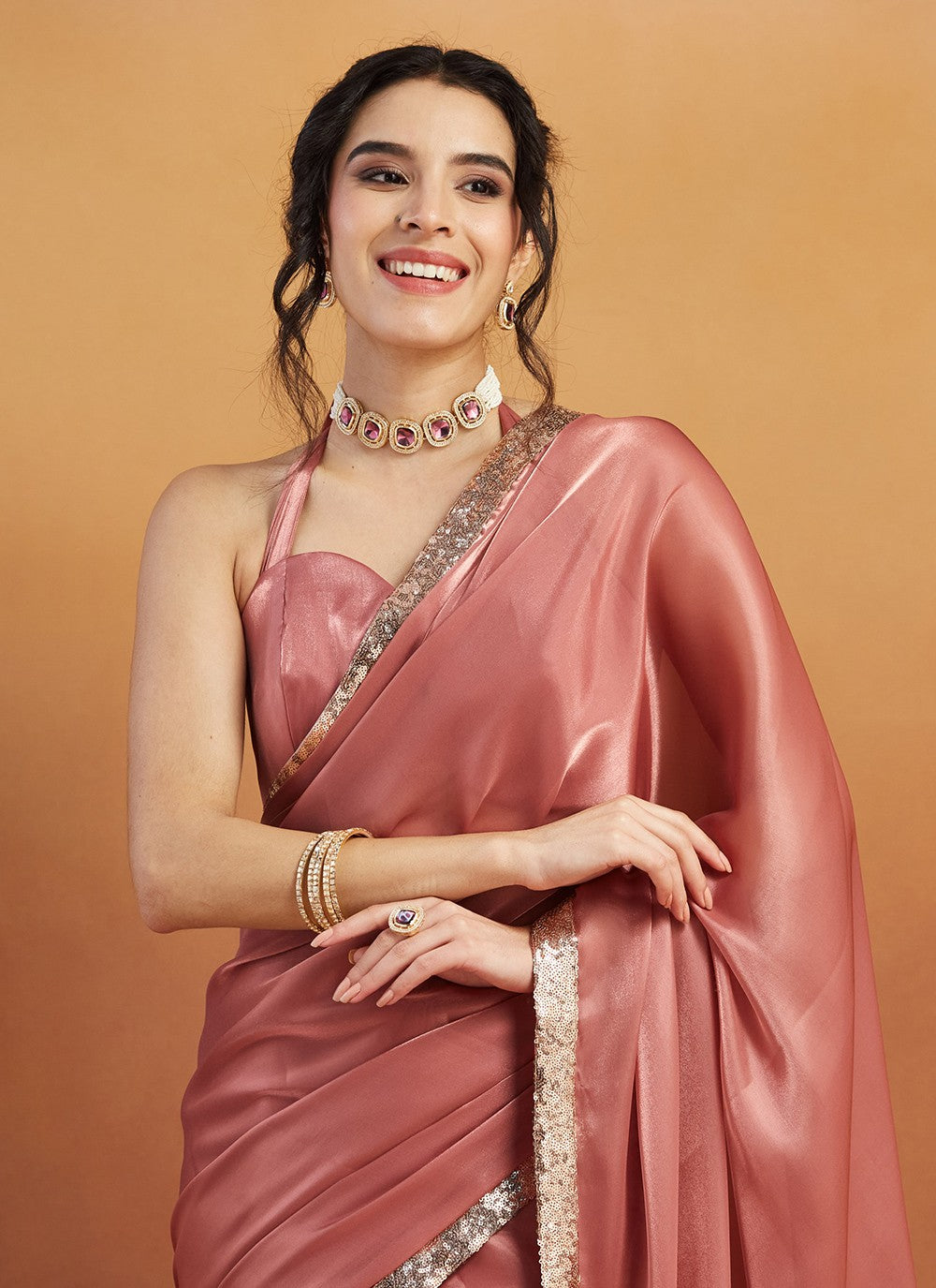 Pink Velvet Classic Saree Embroidered, Lace S17475