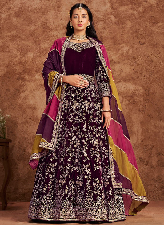 Anarkali Embroidered Purple Velvet T5092