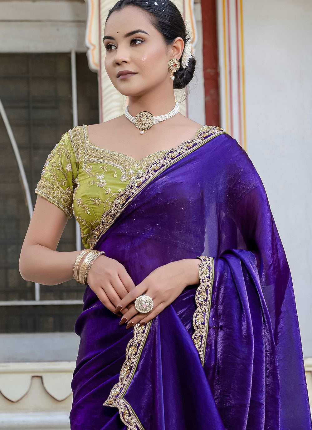 Violet Satin Traditional Saree Cut Work, Hand Embroidery, Lace S15767
