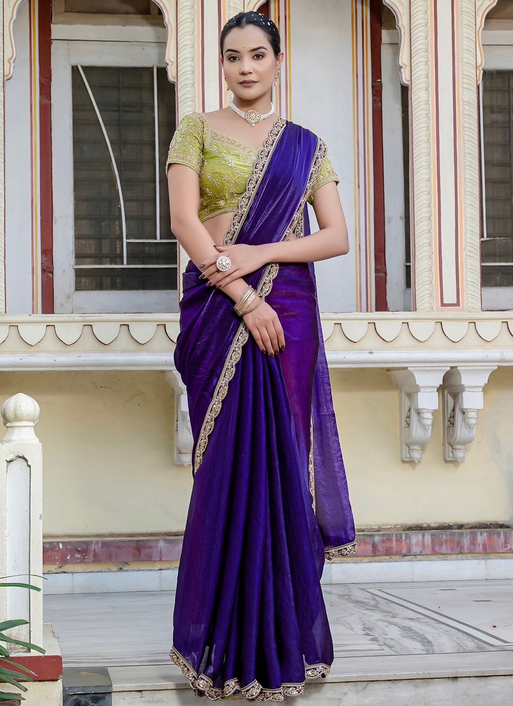 Violet Satin Traditional Saree Cut Work, Hand Embroidery, Lace S15767