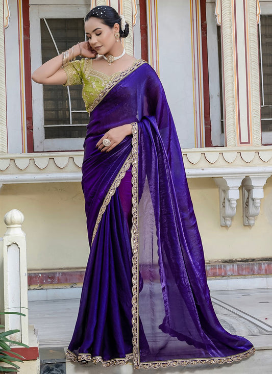 Violet Satin Traditional Saree Cut Work, Hand Embroidery, Lace S15767