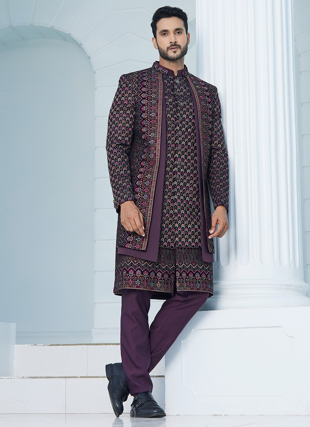 Machine Embroidery Velvet Wine Indo Western Sherwani - M6107