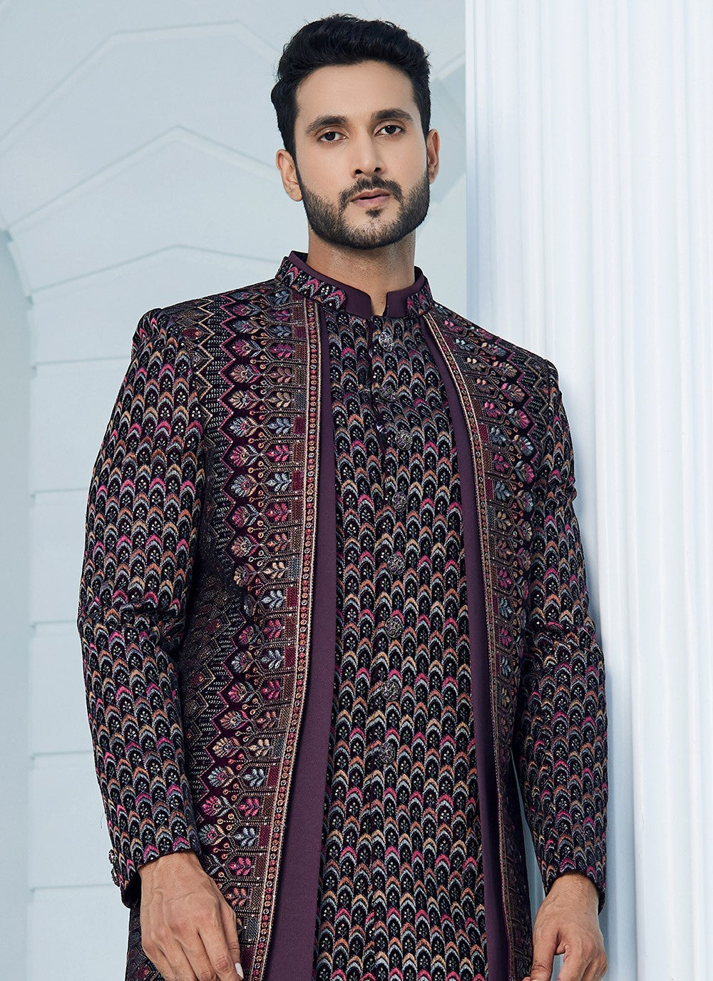 Machine Embroidery Velvet Wine Indo Western Sherwani - M6107