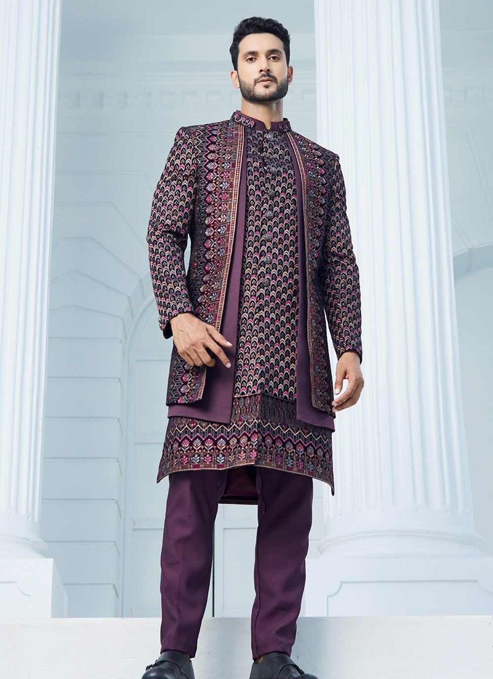 Machine Embroidery Velvet Wine Indo Western Sherwani - M6107
