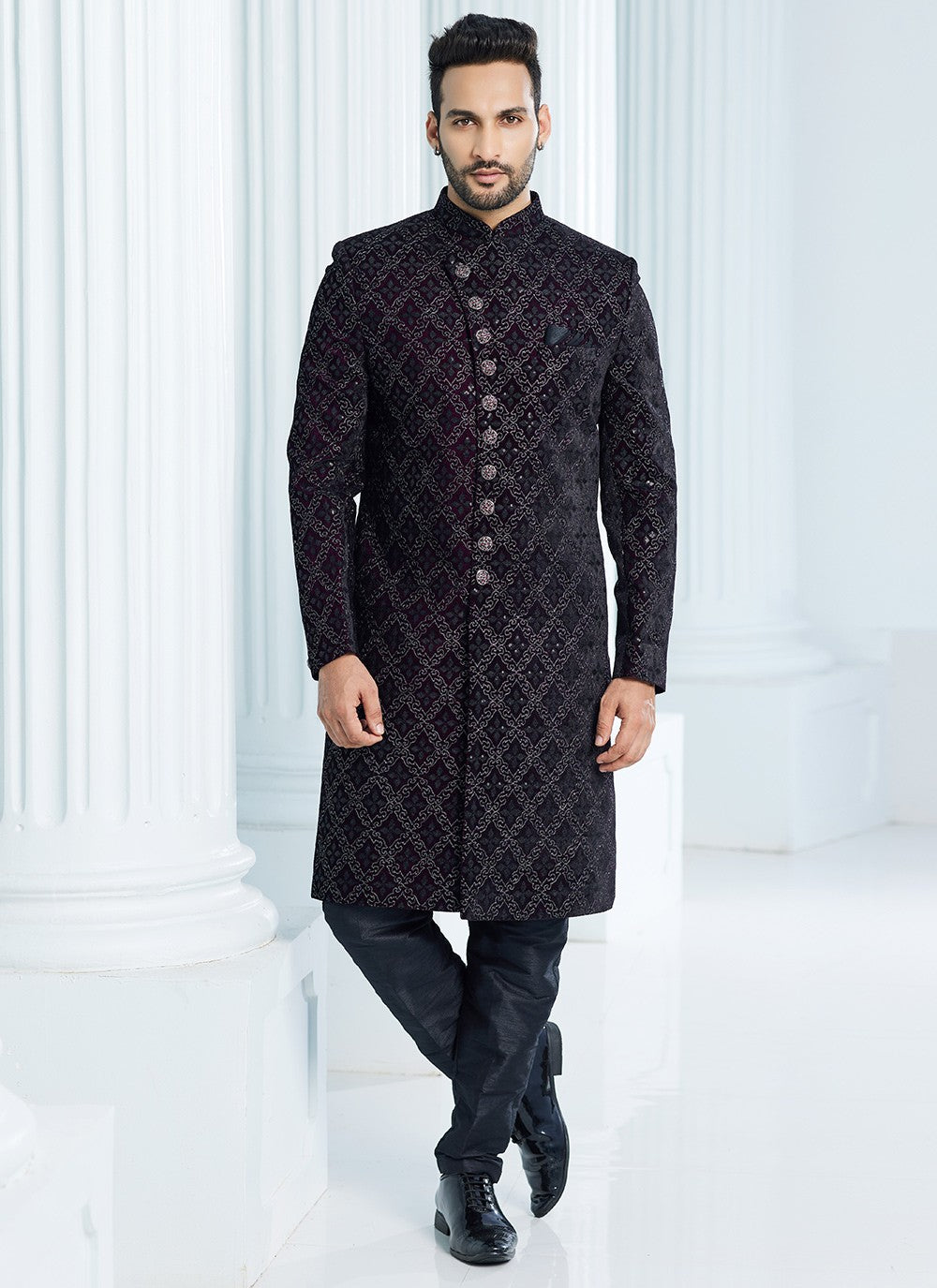 Machine Embroidery Velvet Wine Indo Western Sherwani - M6116