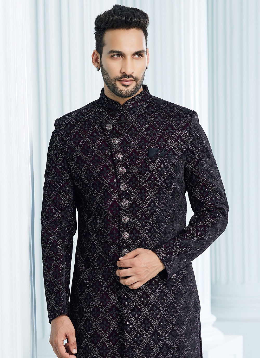 Machine Embroidery Velvet Wine Indo Western Sherwani - M6116