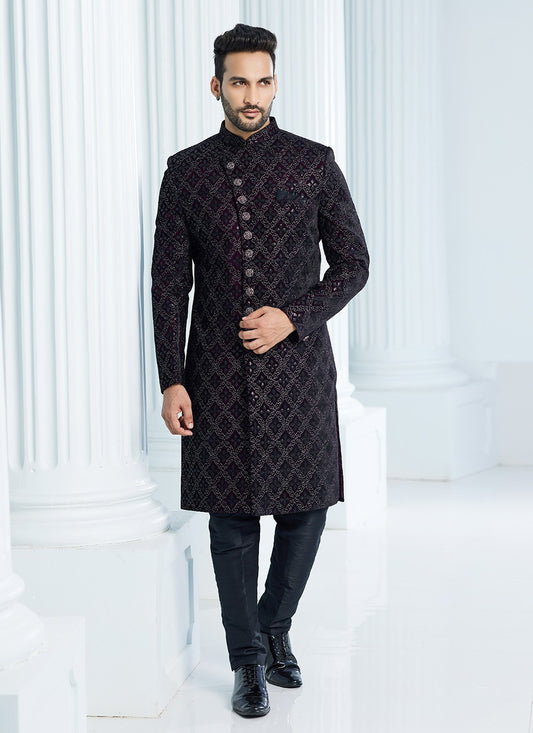 Machine Embroidery Velvet Wine Indo Western Sherwani - M6116