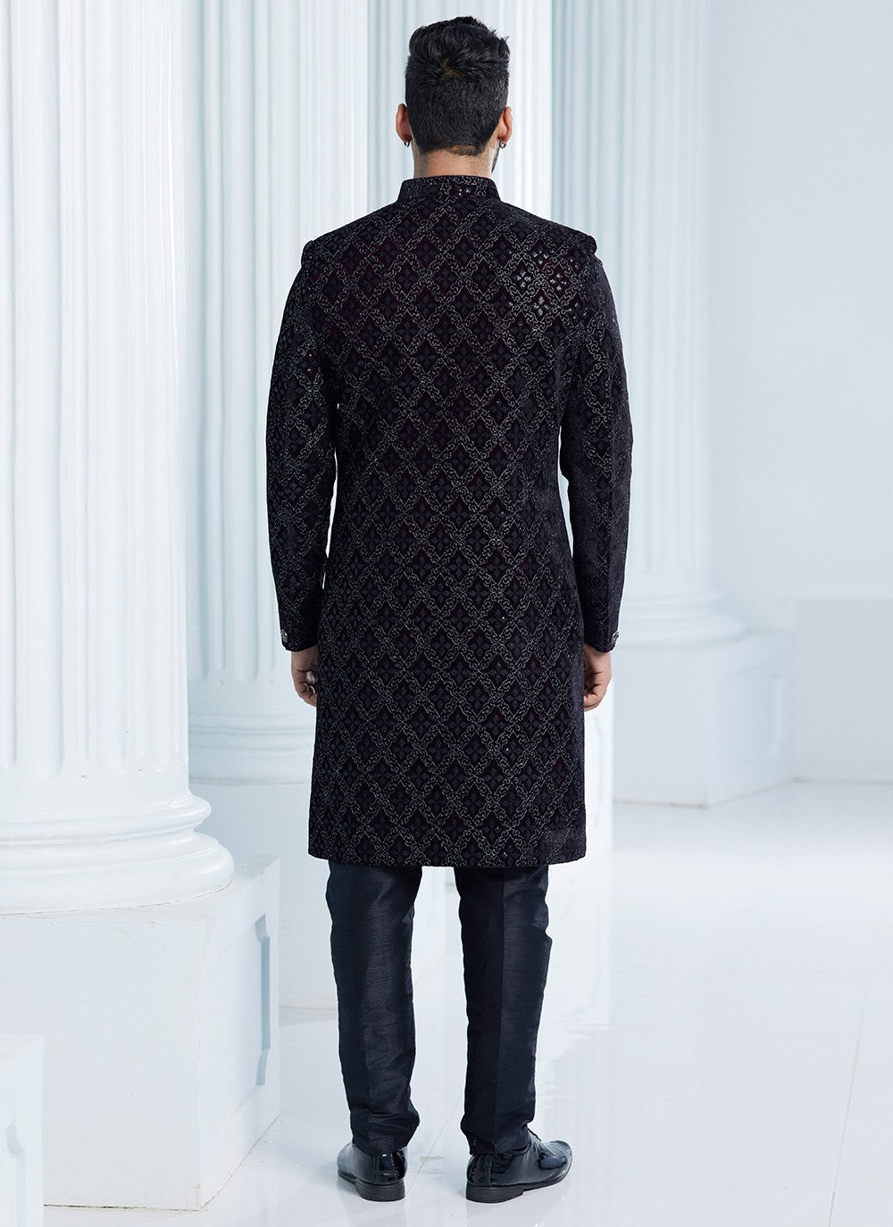 Machine Embroidery Velvet Wine Indo Western Sherwani - M6116
