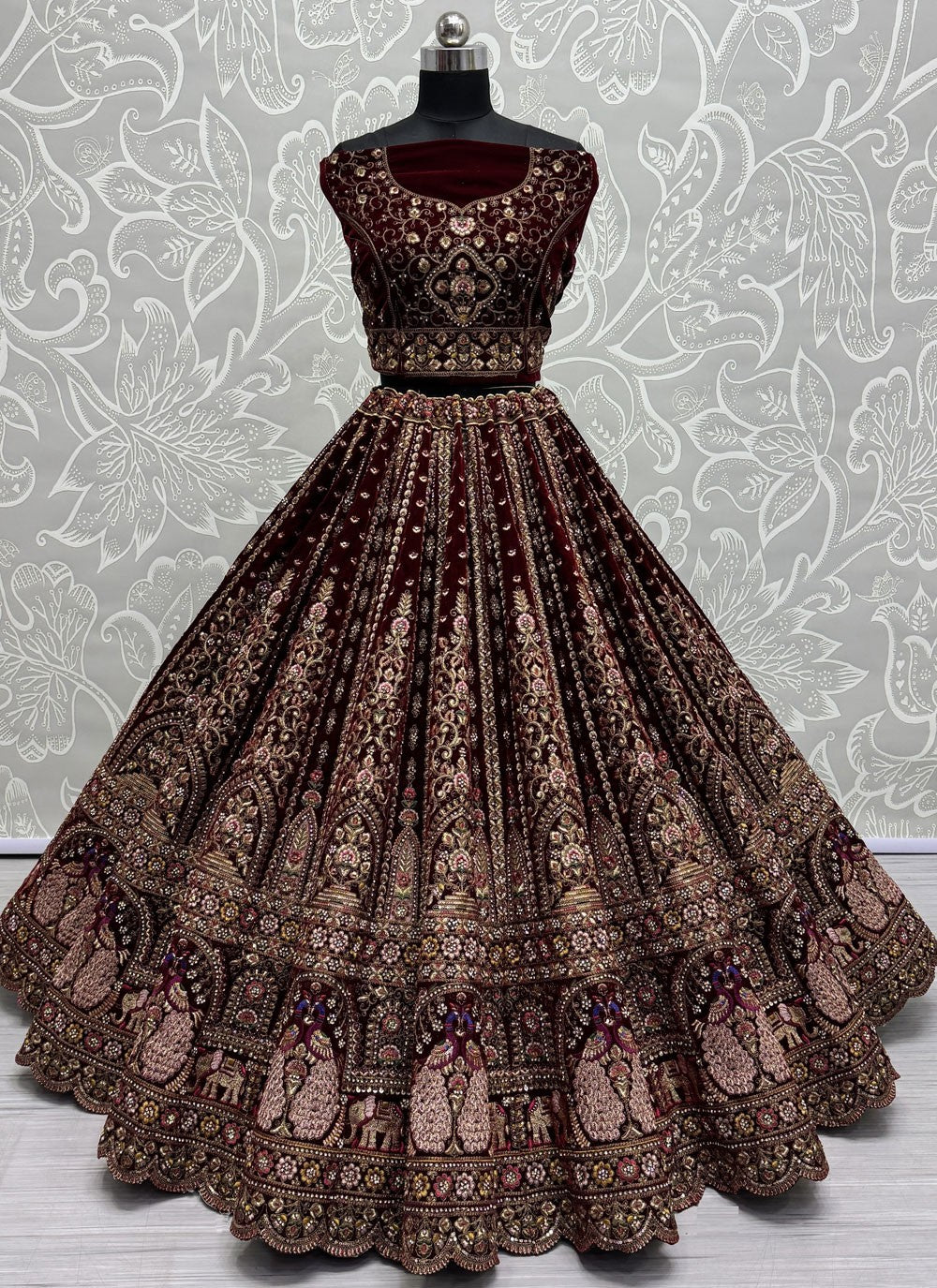 Diamond Velvet Maroon Lehenga - L3420