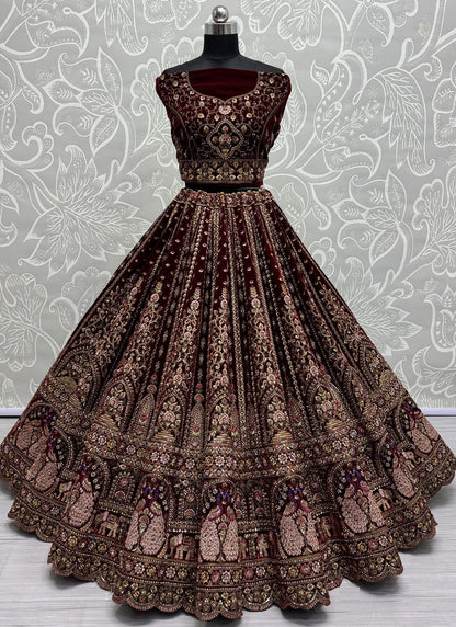 Diamond Velvet Maroon Lehenga - L3420