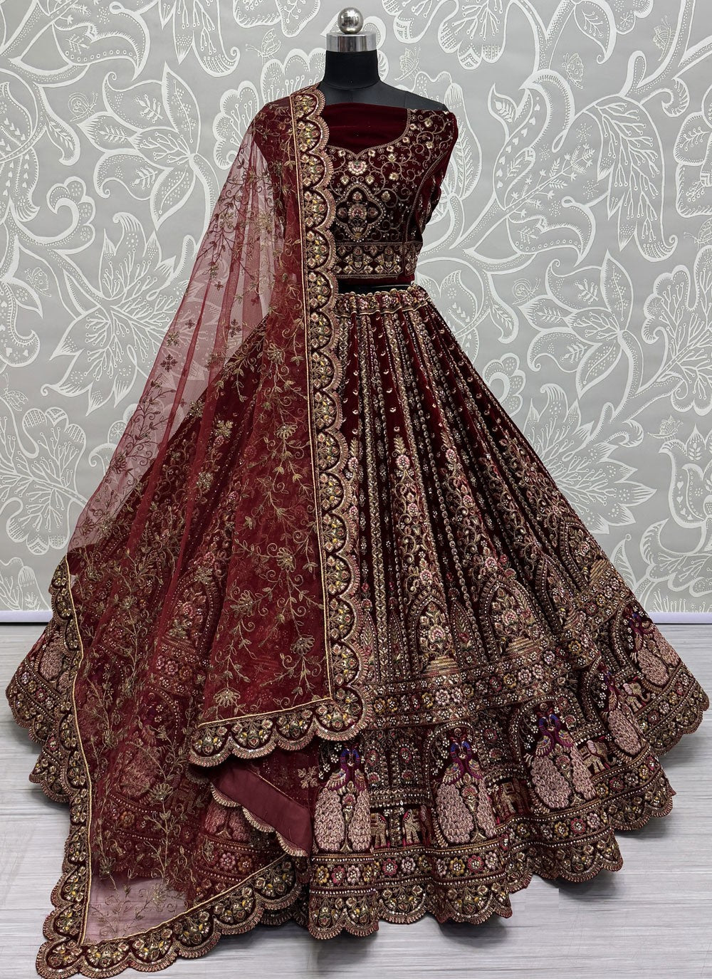 Diamond Velvet Maroon Lehenga - L3420