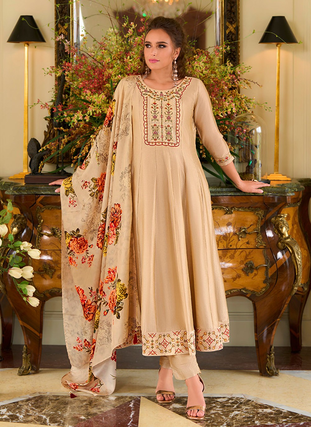 Anarkali Embroidered, Hand Embroidery Beige T8163
