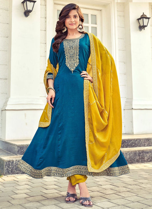 Salwar Suit Embroidered Blue Vichitra Silk T5621