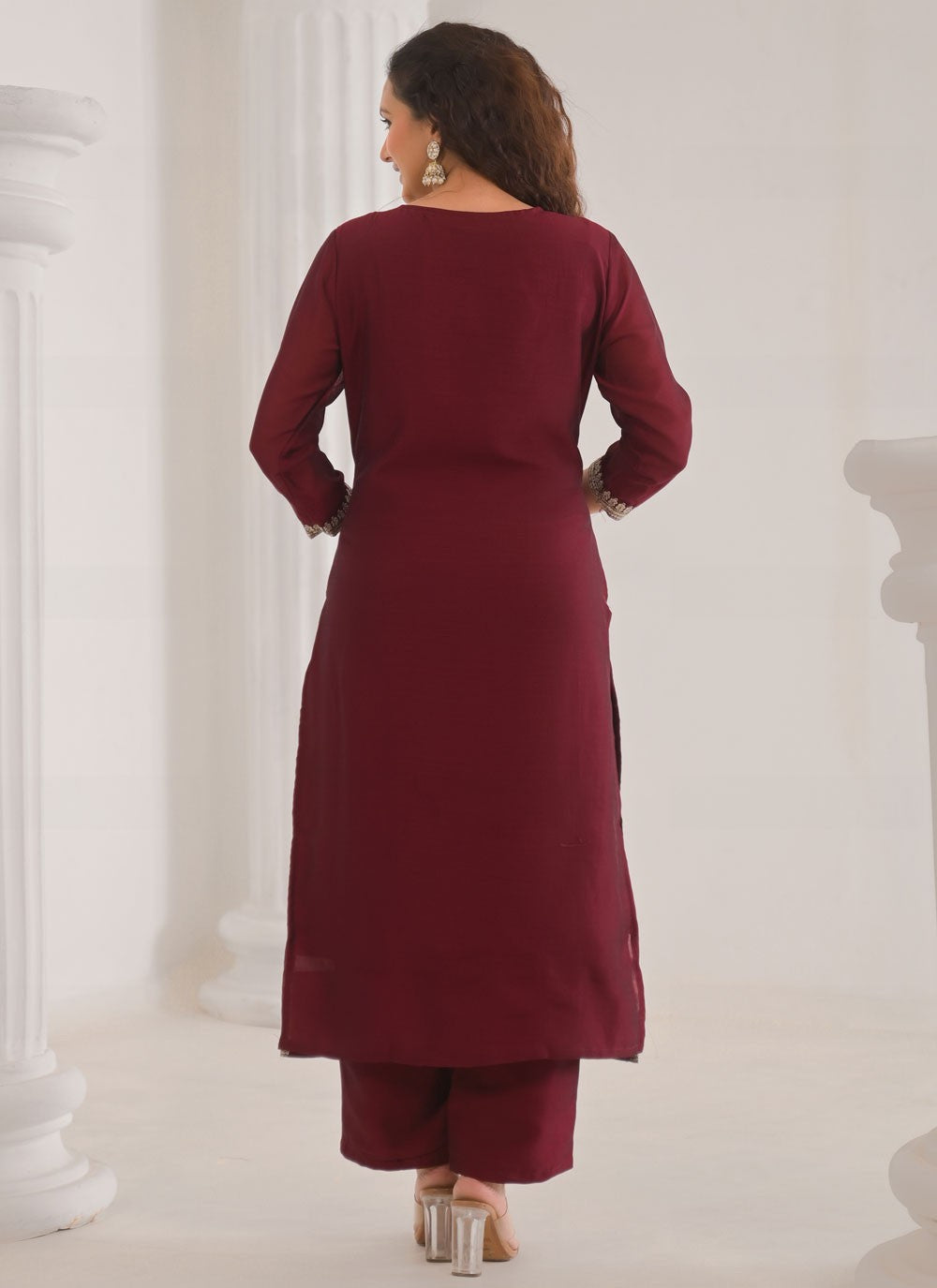 Palazzo Suit Embroidered, Sequins, Zari Wine T7001