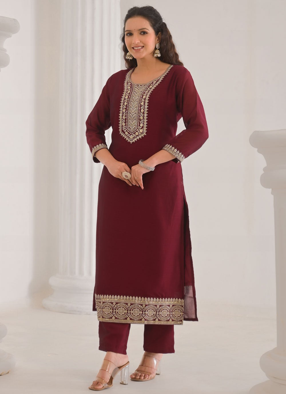 Palazzo Suit Embroidered, Sequins, Zari Wine T7001