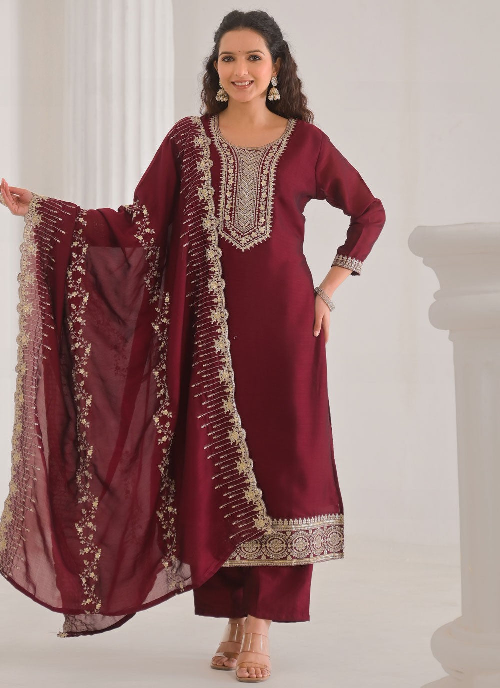Palazzo Suit Embroidered, Sequins, Zari Wine T7001