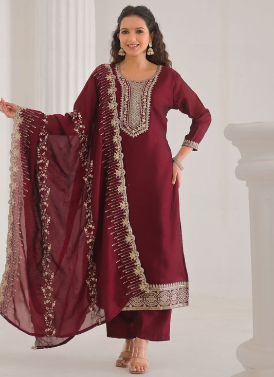 Palazzo Suit Embroidered, Sequins, Zari Wine T7001