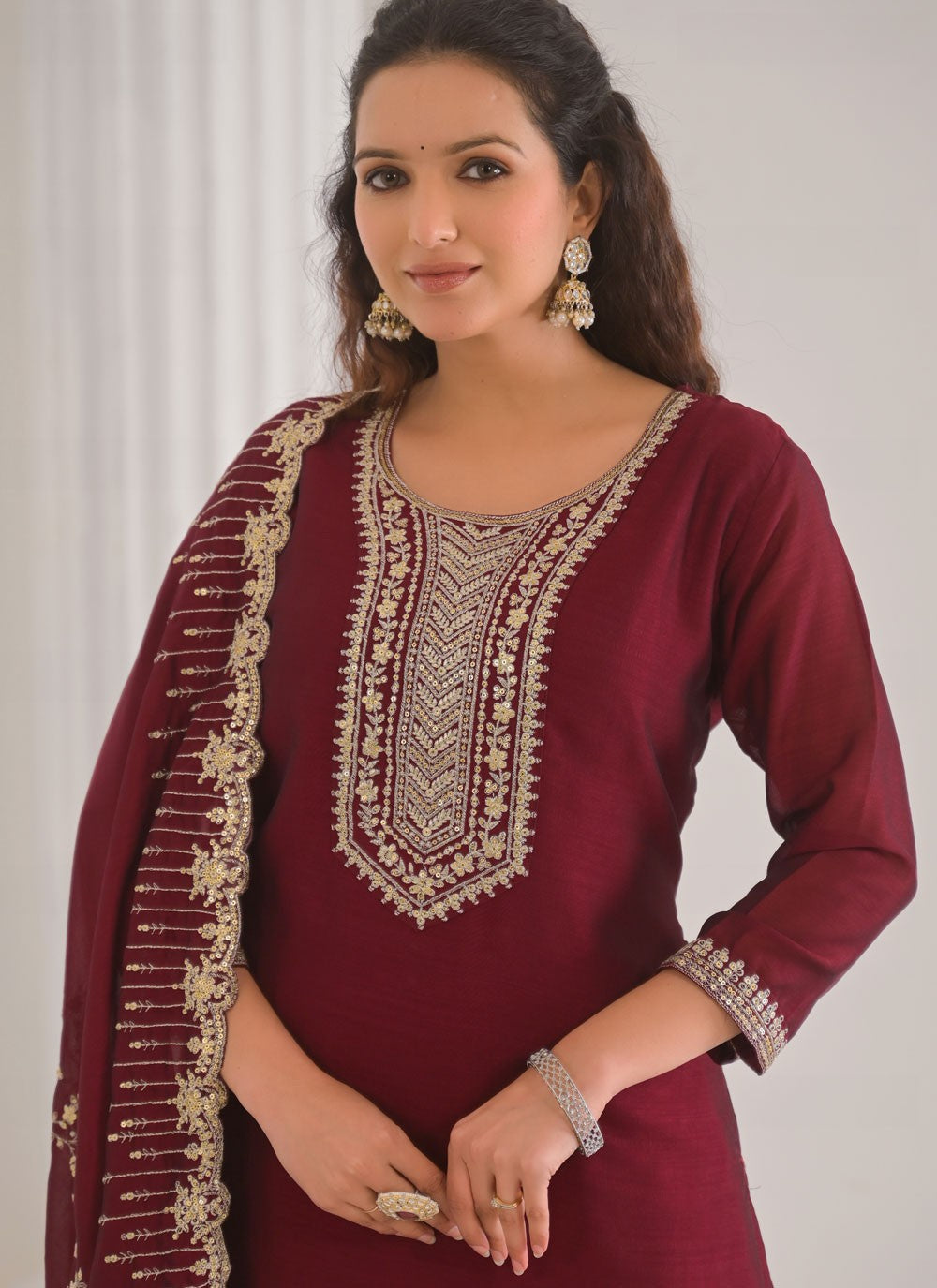 Palazzo Suit Embroidered, Sequins, Zari Wine T7001