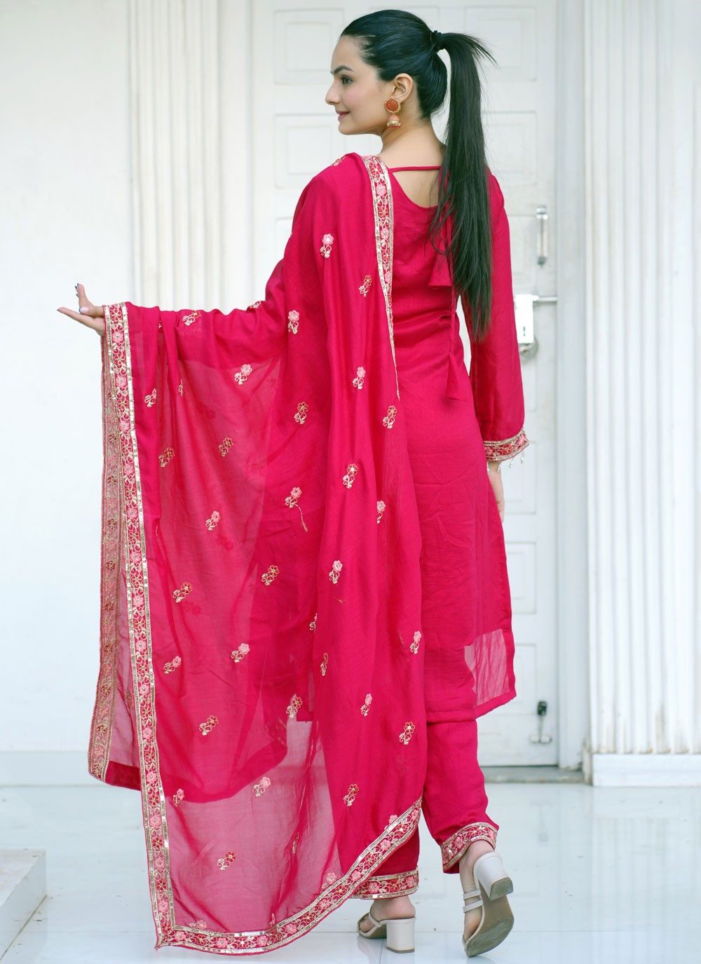 Embroidered Vichitra Silk Hot Pink Salwar Suit T5978