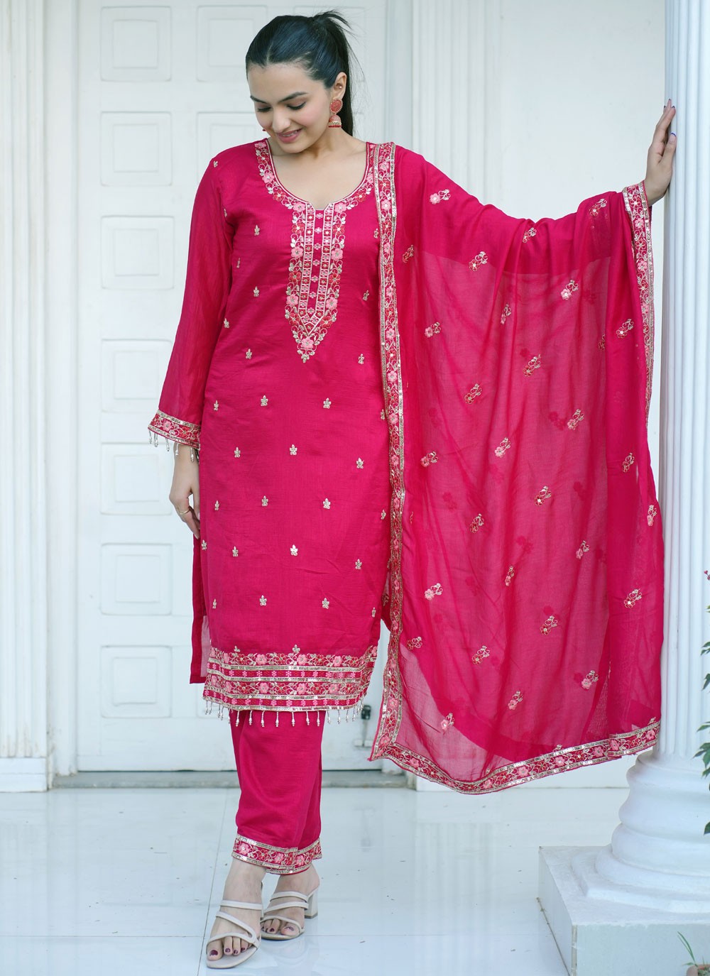 Embroidered Vichitra Silk Hot Pink Salwar Suit T5978