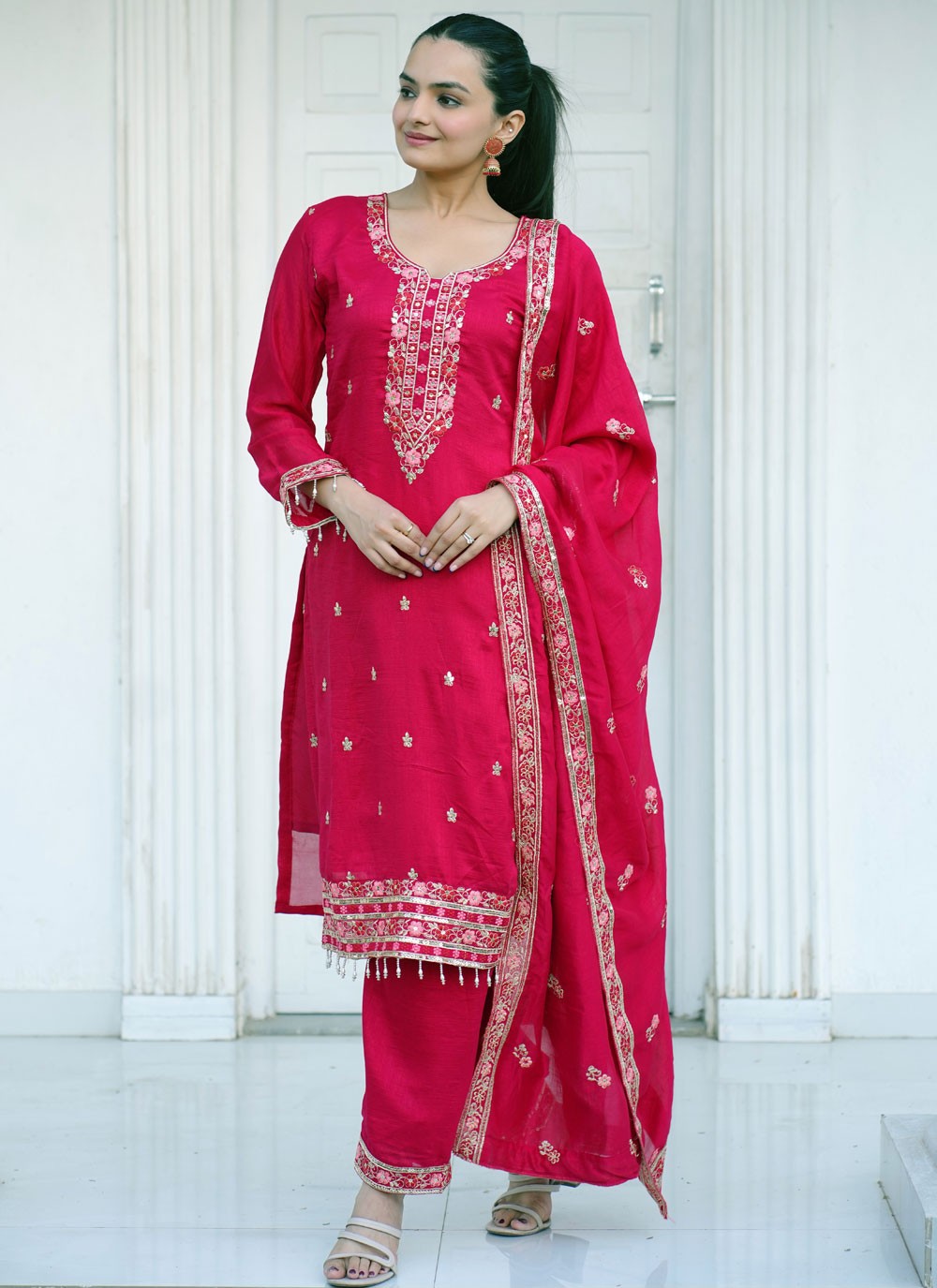 Embroidered Vichitra Silk Hot Pink Salwar Suit T5978