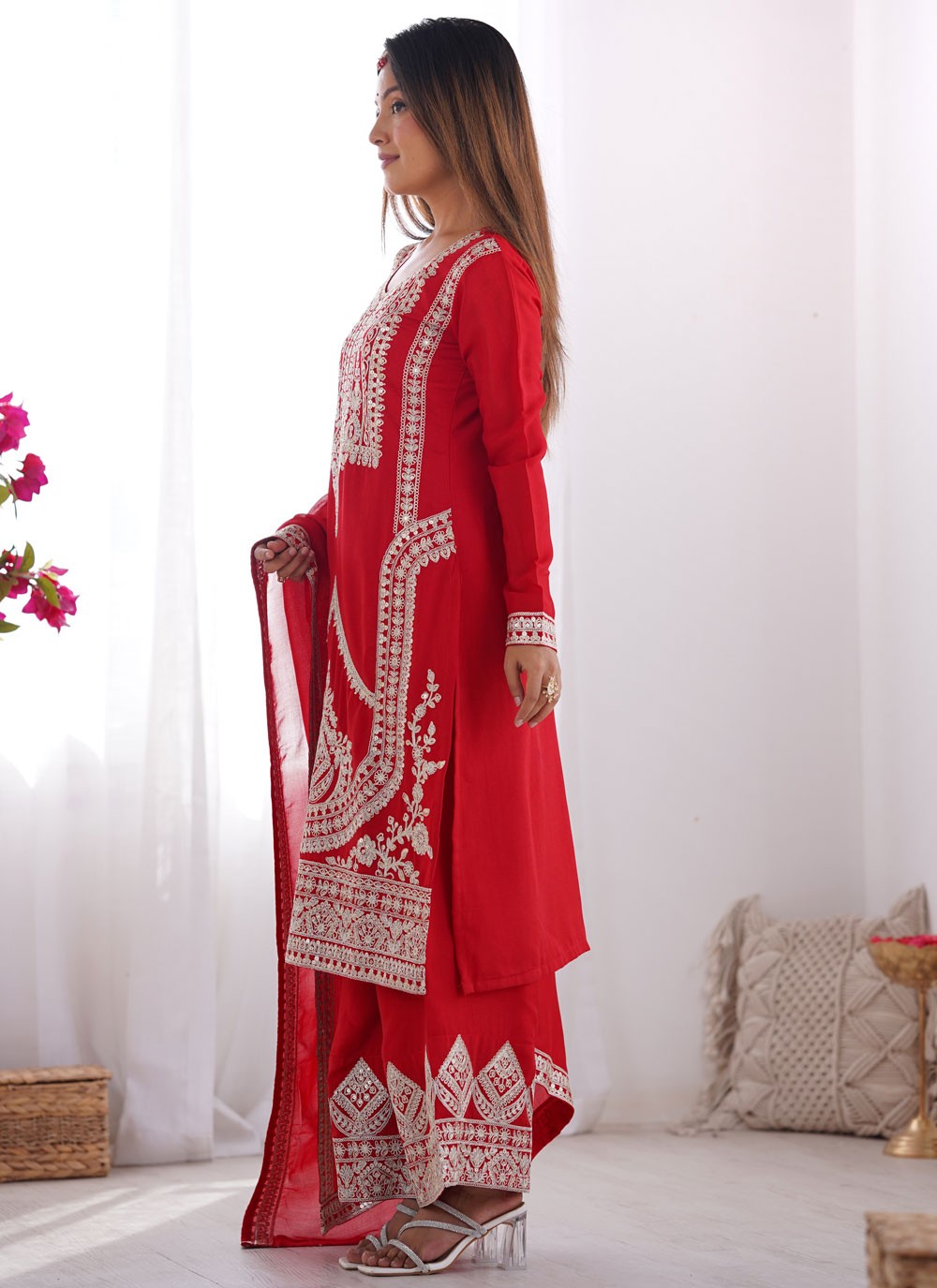 Palazzo Suit Embroidered Red T6999