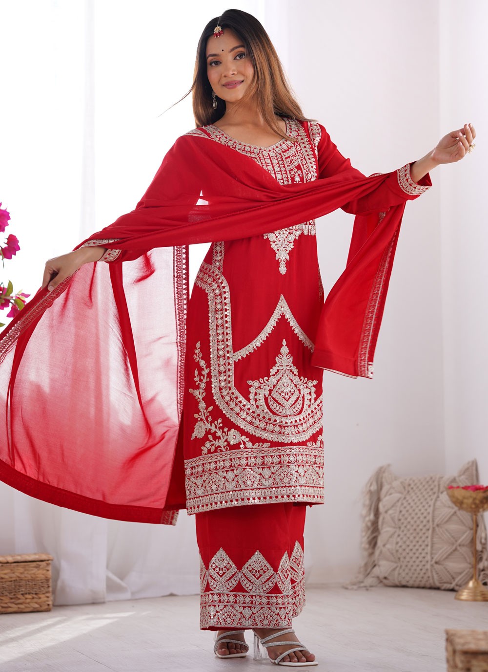 Palazzo Suit Embroidered Red T6999