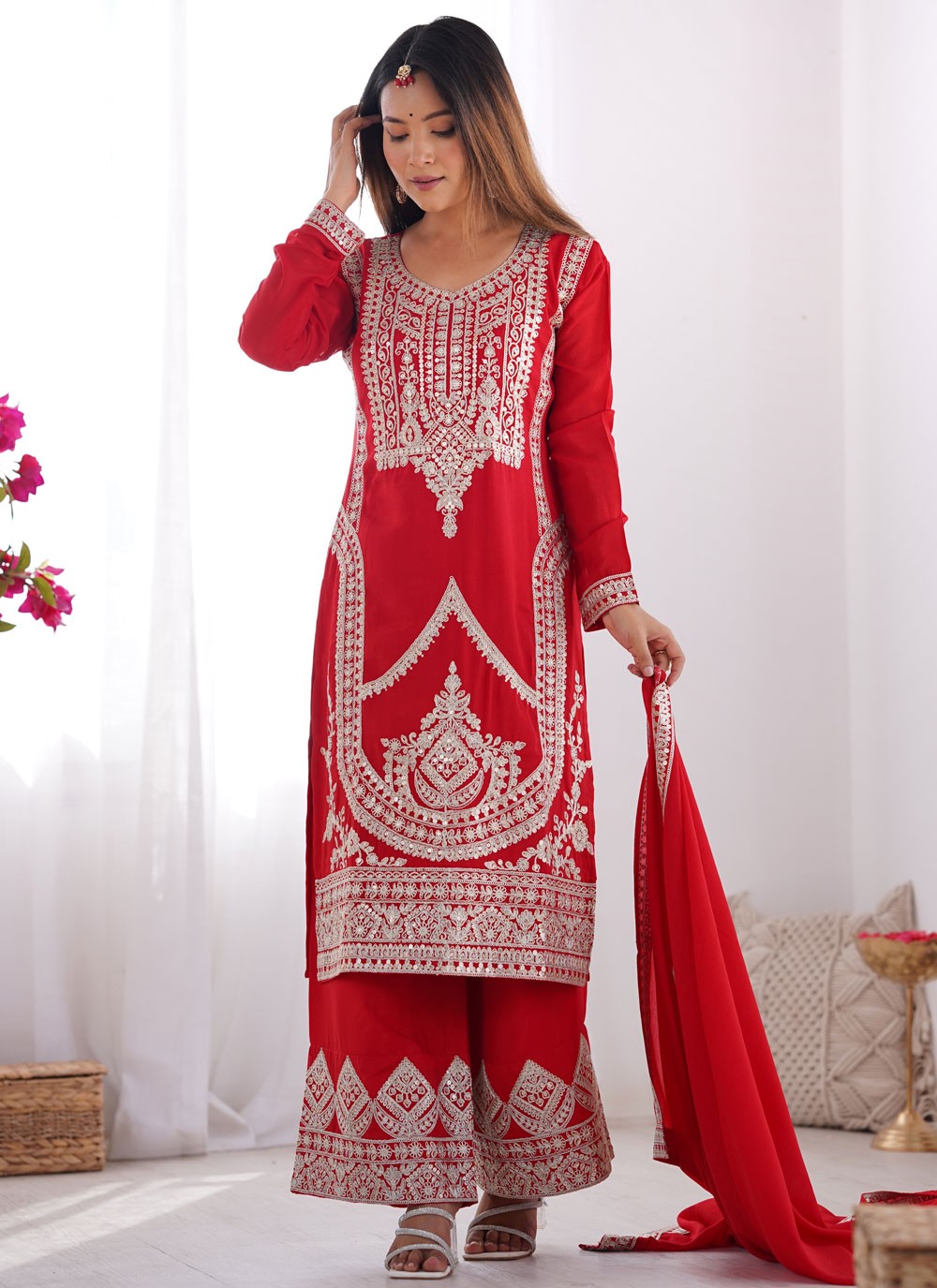 Palazzo Suit Embroidered Red T6999