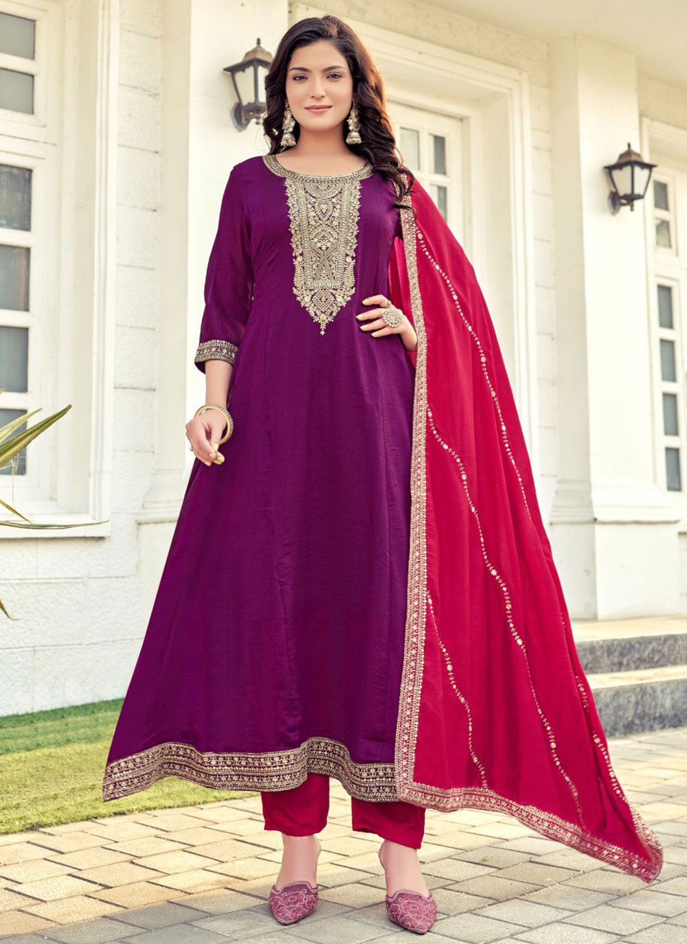 Anarkali Embroidered Purple Vichitra Silk T5622