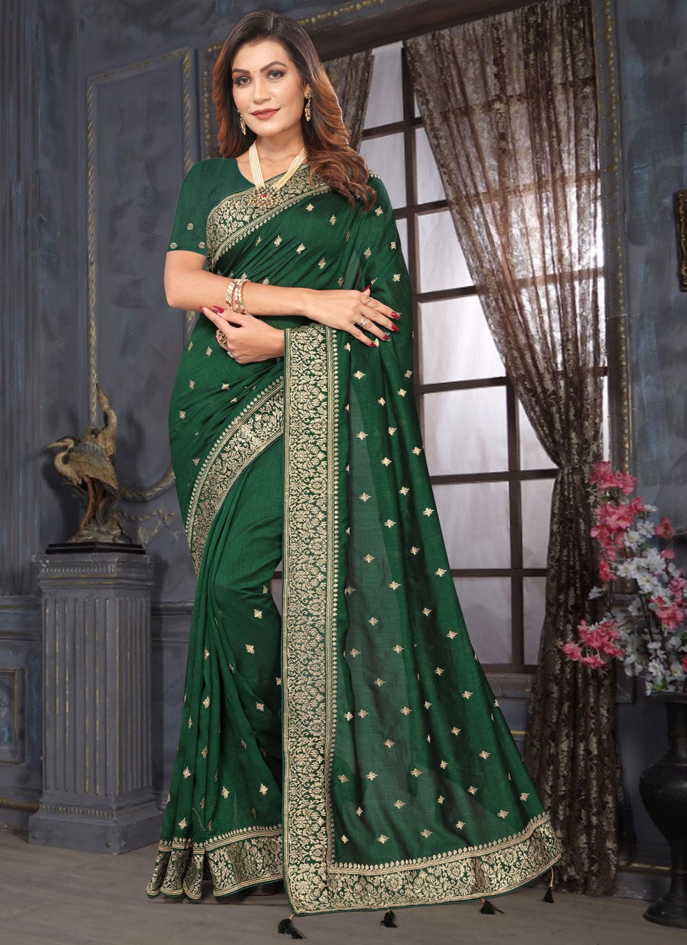 Classic Embroidered Vichitra Silk Saree - S7585