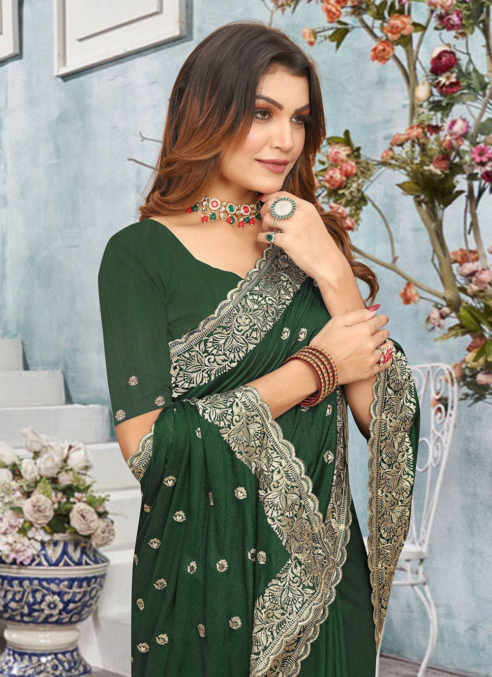 Traditional Embroidered Vichitra Silk Saree - S7737