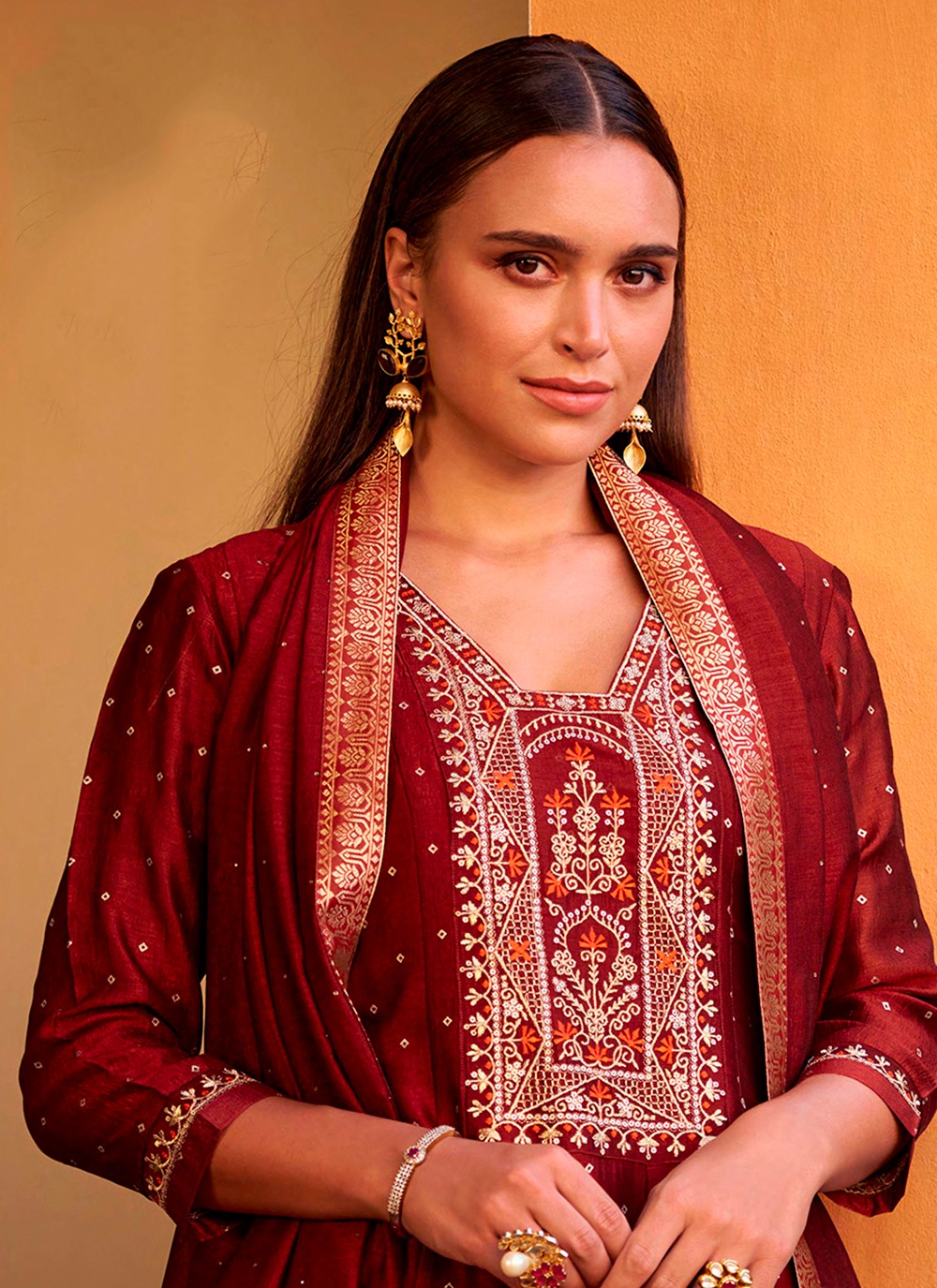 Anarkali Embroidered, Hand Embroidery Maroon T8171