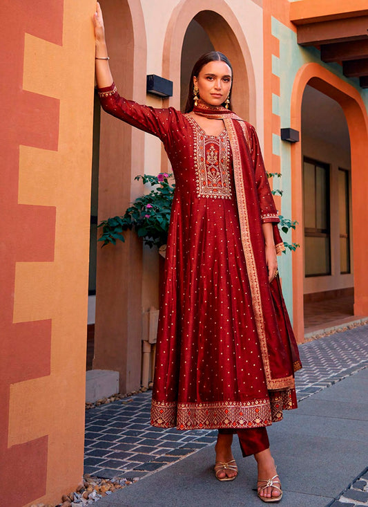 Anarkali Embroidered, Hand Embroidery Maroon T8171