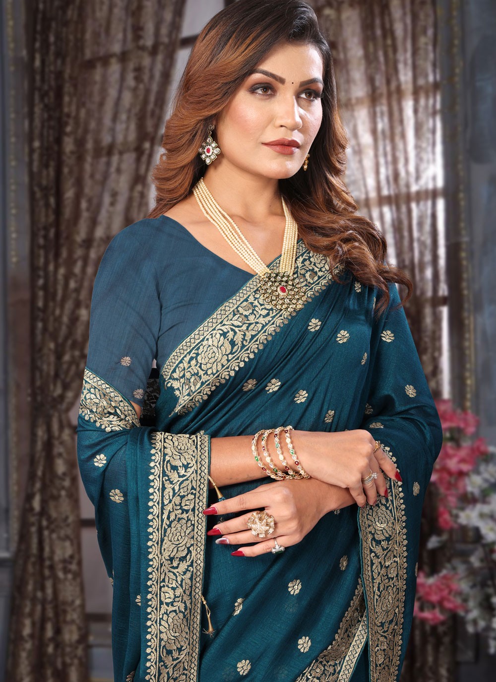 Classic Embroidered Vichitra Silk Saree - S7357