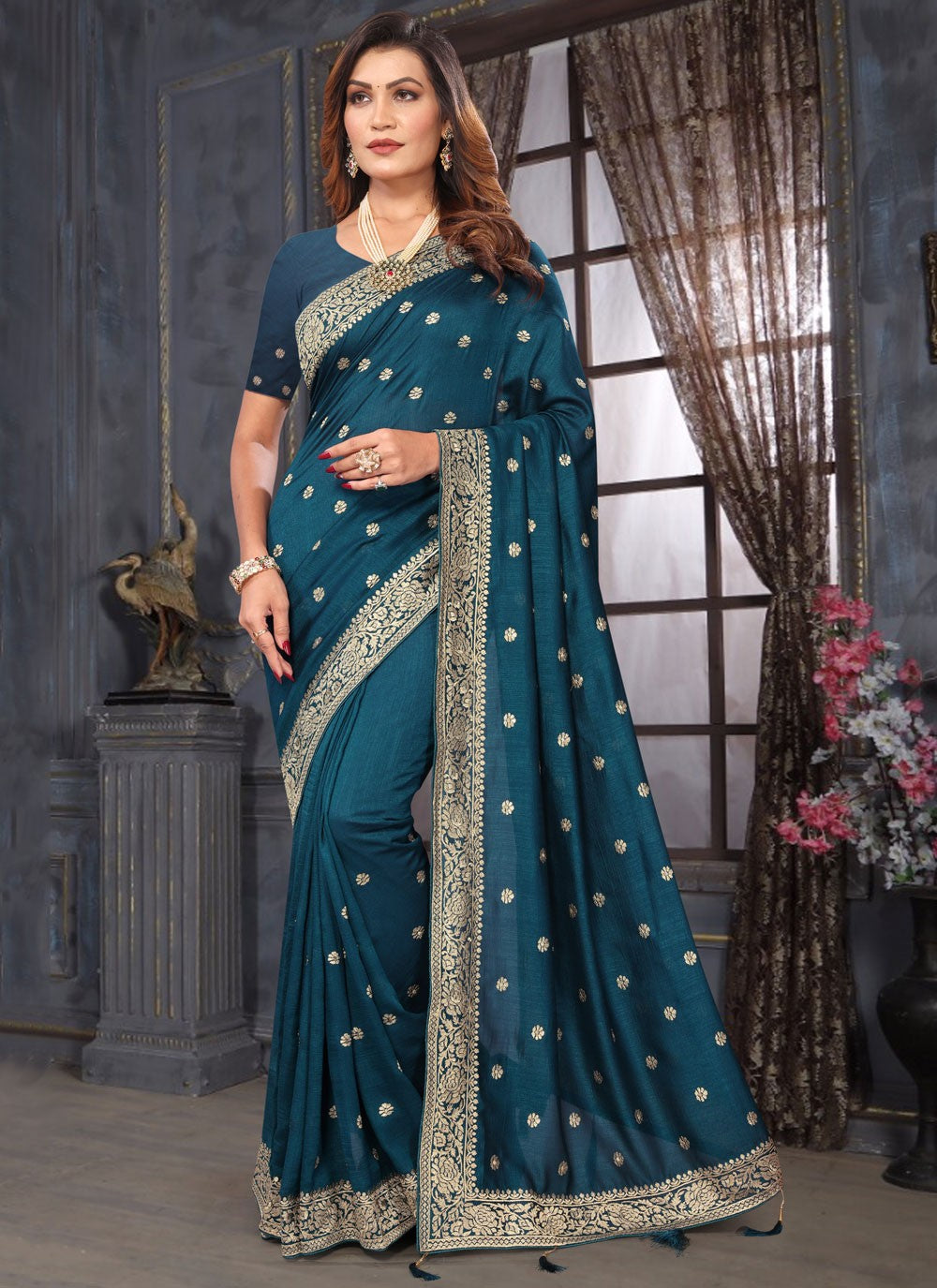 Classic Embroidered Vichitra Silk Saree - S7357