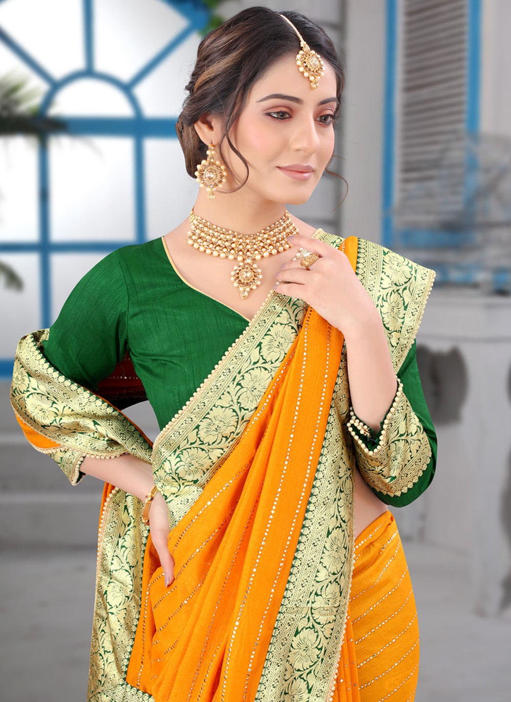 Contemporary Border Work Vichitra Silk Saree - S3701