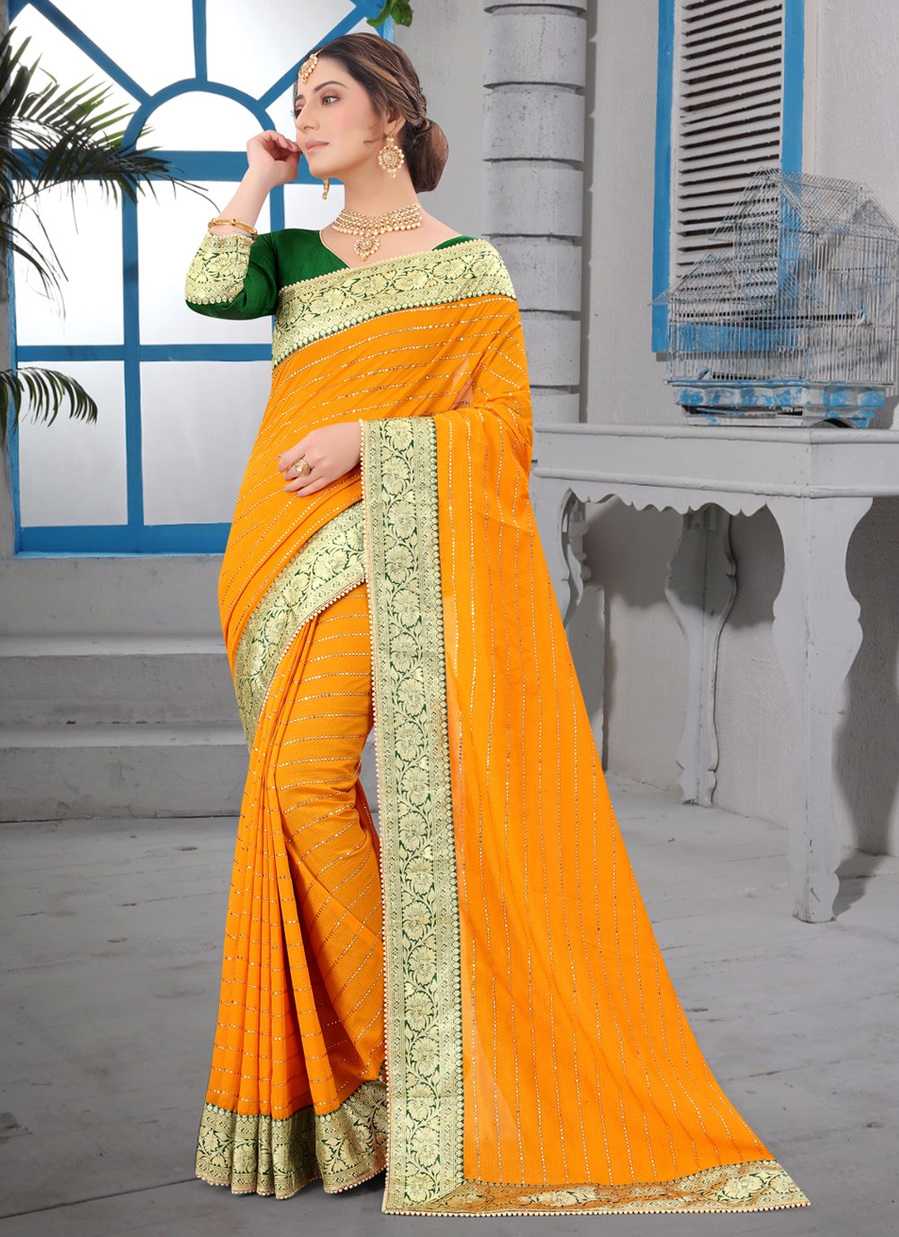 Contemporary Border Work Vichitra Silk Saree - S3701