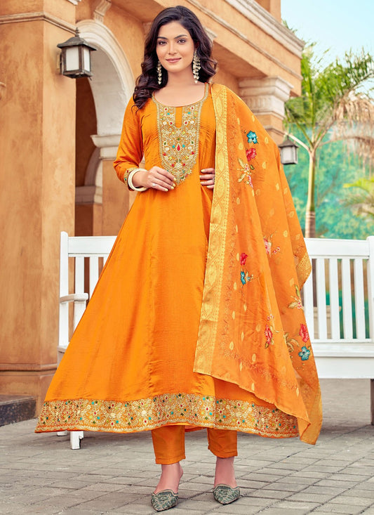 Embroidered Vichitra Silk Orange Salwar Suit T6167