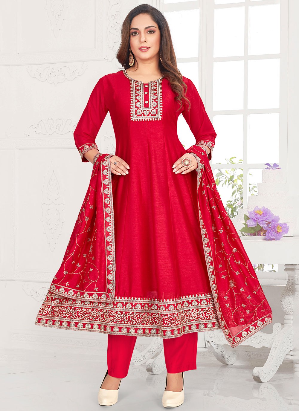 Anarkali Embroidered Hot Pink, Red Vichitra Silk T5717