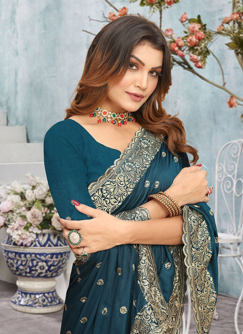 Traditional Embroidered Vichitra Silk Saree - S7737