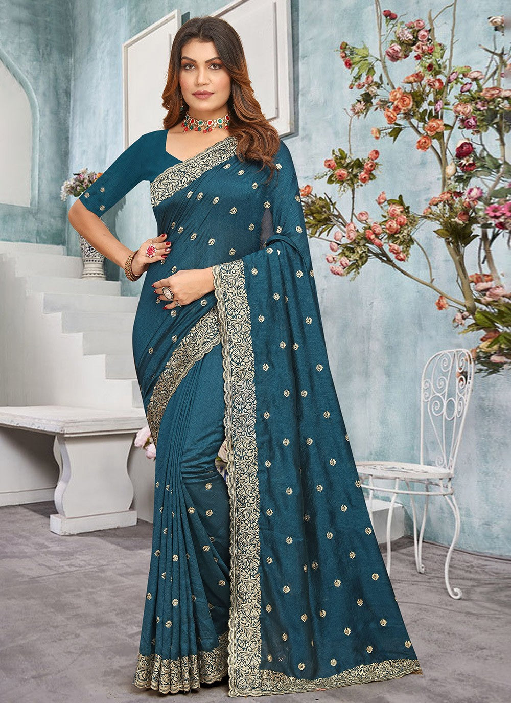 Traditional Embroidered Vichitra Silk Saree - S7737