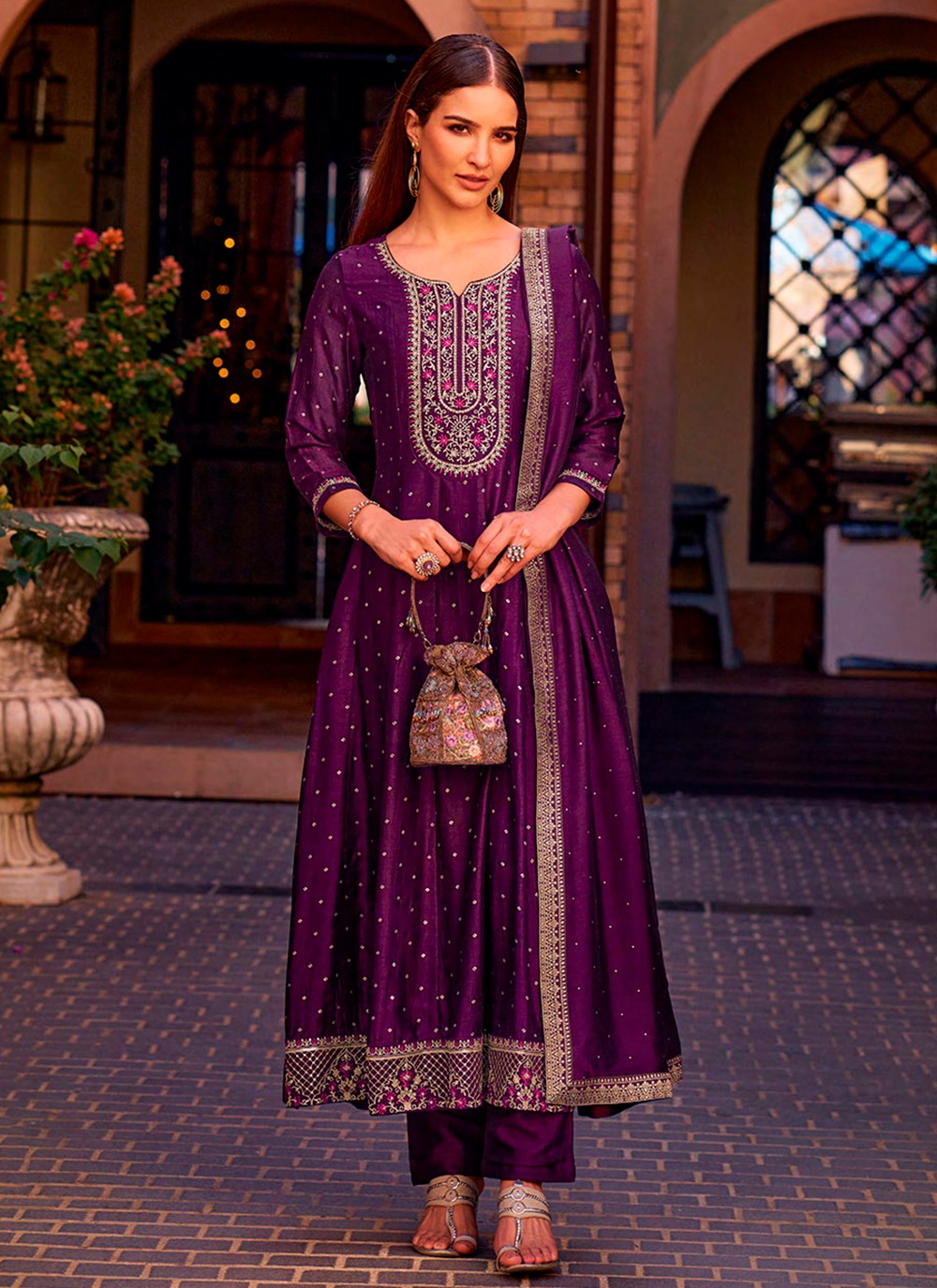 Anarkali Embroidered, Hand Embroidery Purple T8173