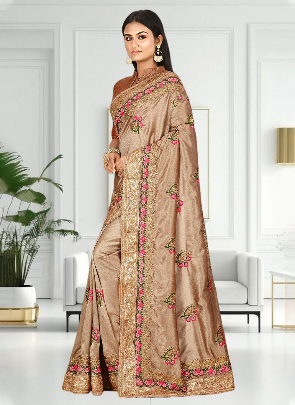 Classic Hand Embroidery Brasso Saree - S4738