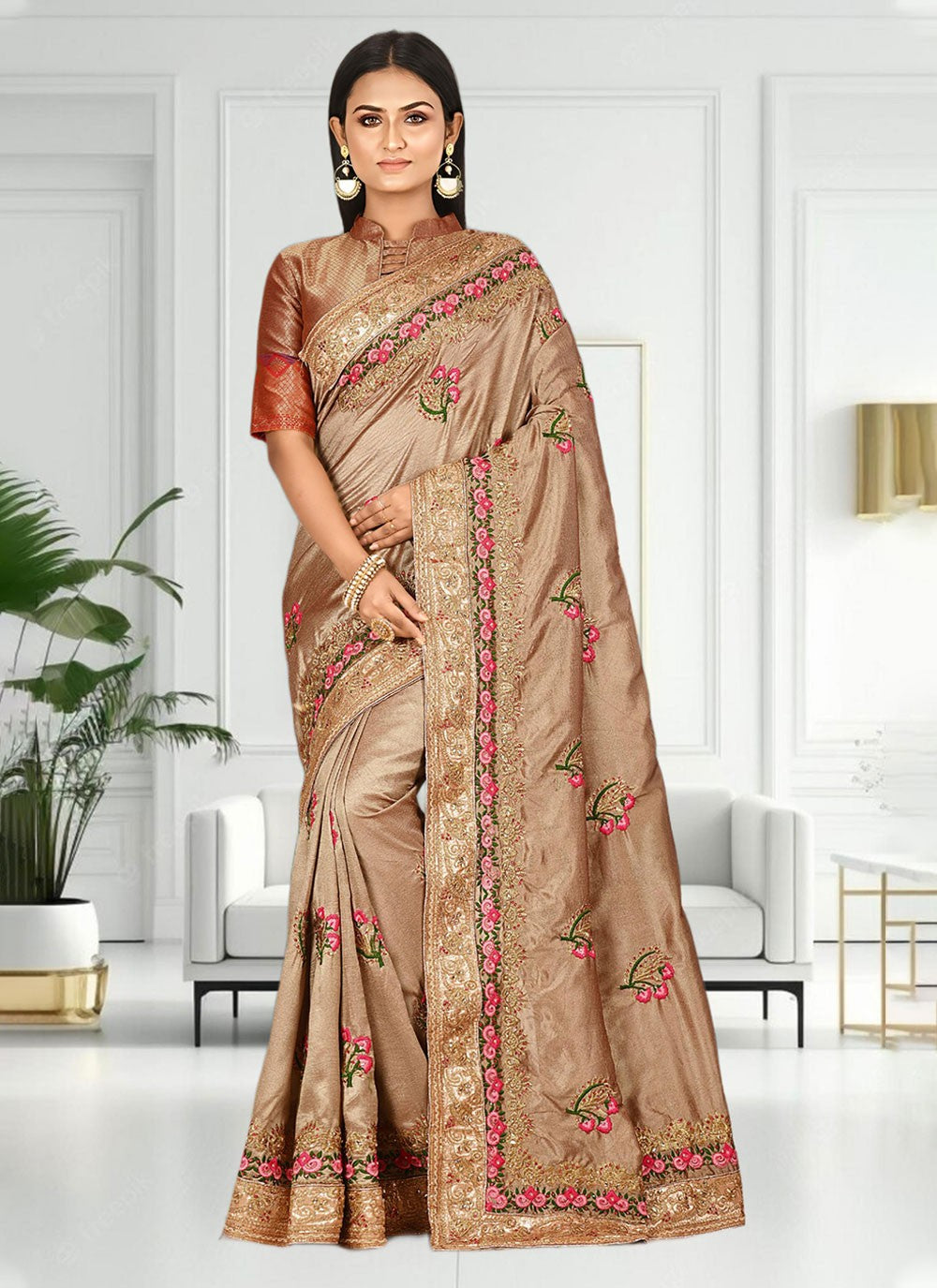Classic Hand Embroidery Brasso Saree - S4738
