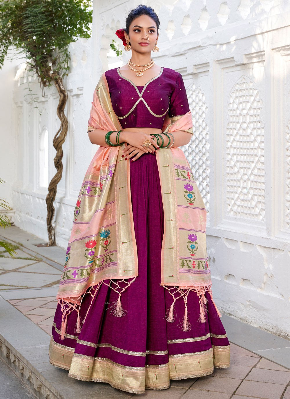 Lace Vichitra Silk Wine Lehenga Choli L3498
