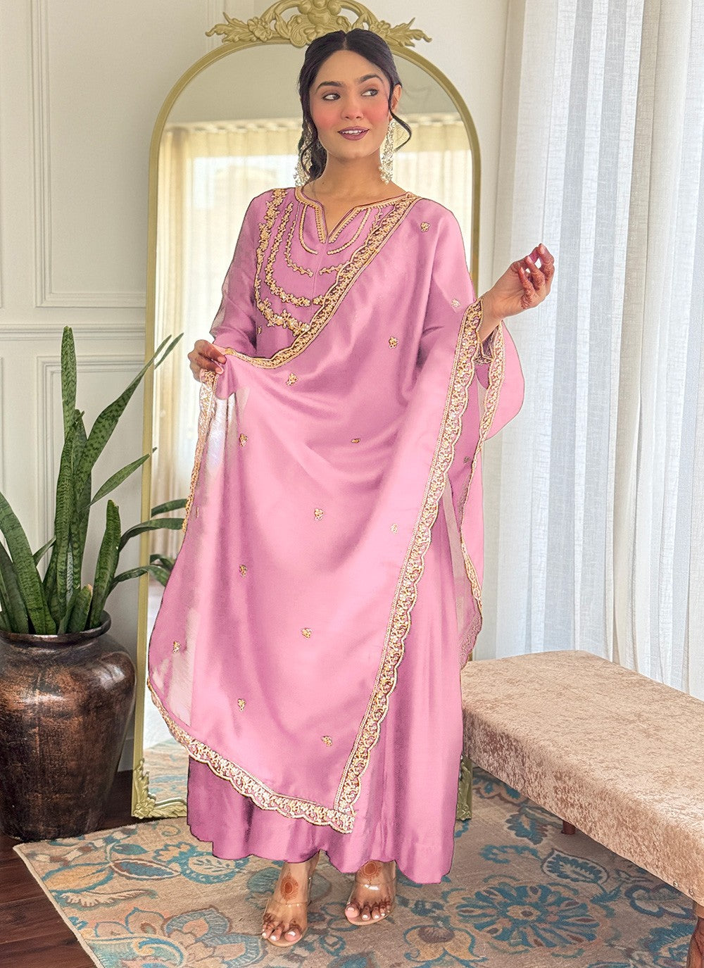 Pant Style Suit Embroidered, Zari Pink T7316