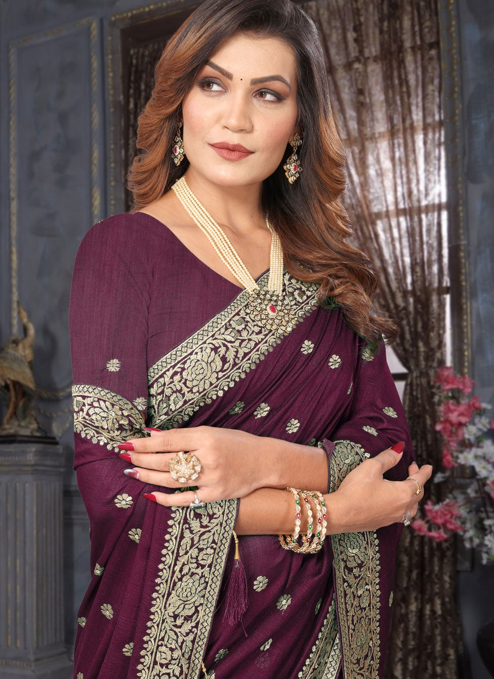 Classic Embroidered Vichitra Silk Saree - S7357
