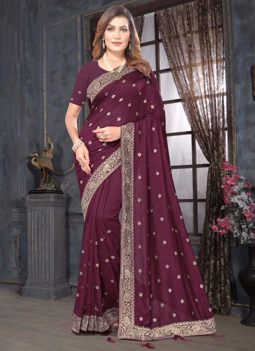Classic Embroidered Vichitra Silk Saree - S7357